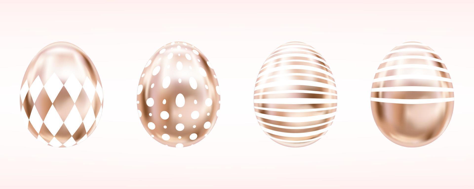 Four glance metallic eggs in pink color with white rumb, dots and stripes. Isolated objects for Easter vector