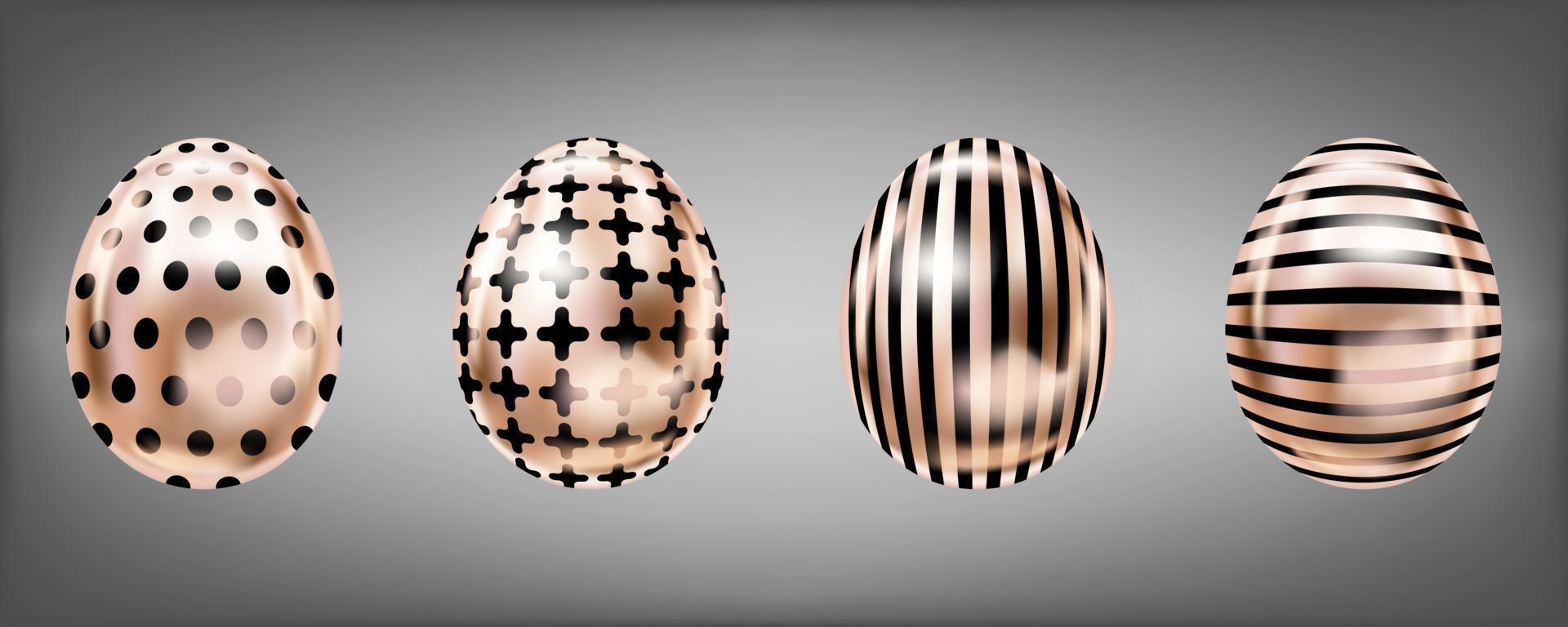 Four glance metallic eggs in pink color with black cross, stripes, dots. Isolated objects for Easter vector