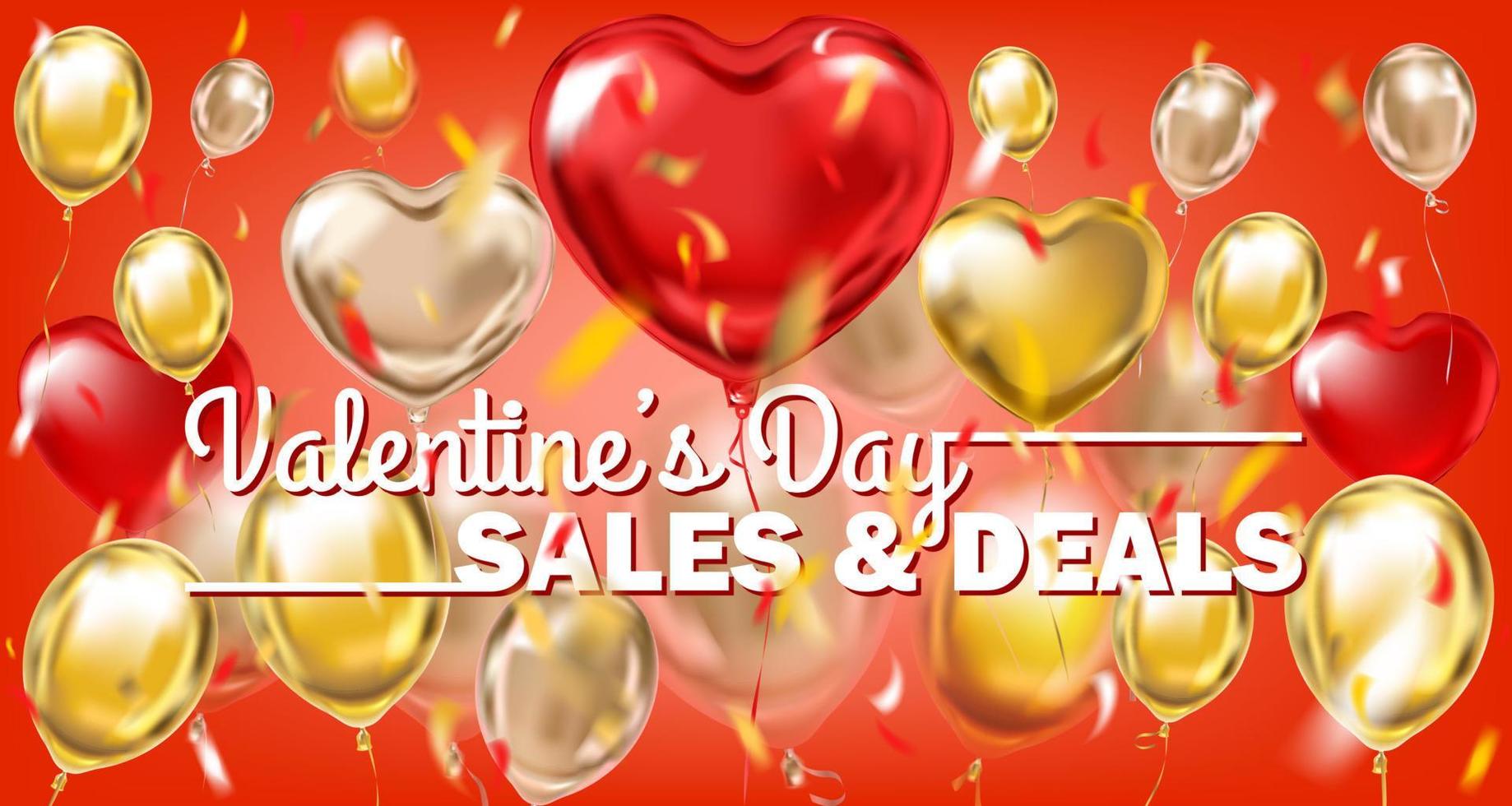 ventas y ofertas del día de san valentín pancarta de oro rojo con globos metálicos vector