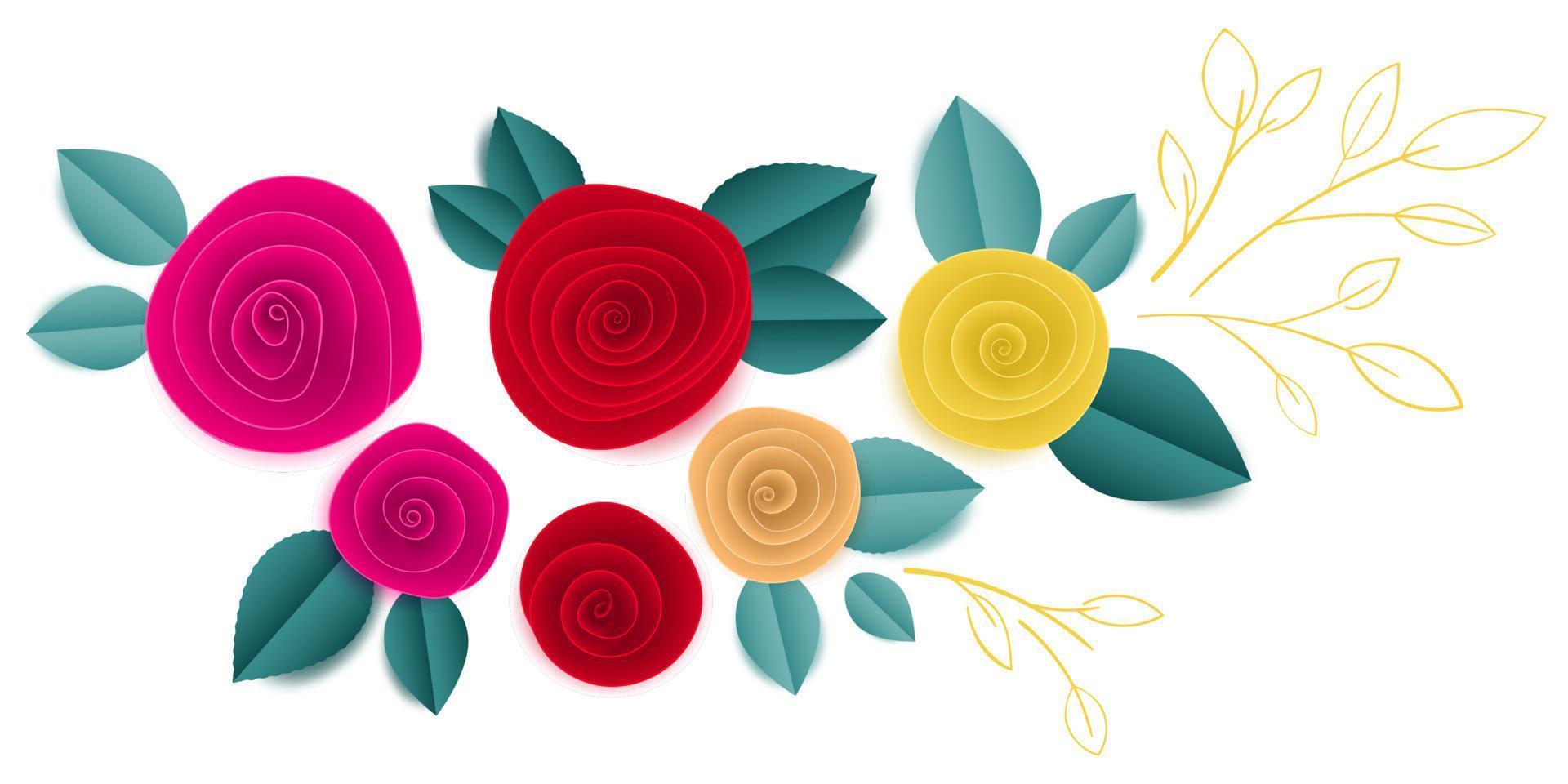 cortar flores de rosa de papel en viñeta vector