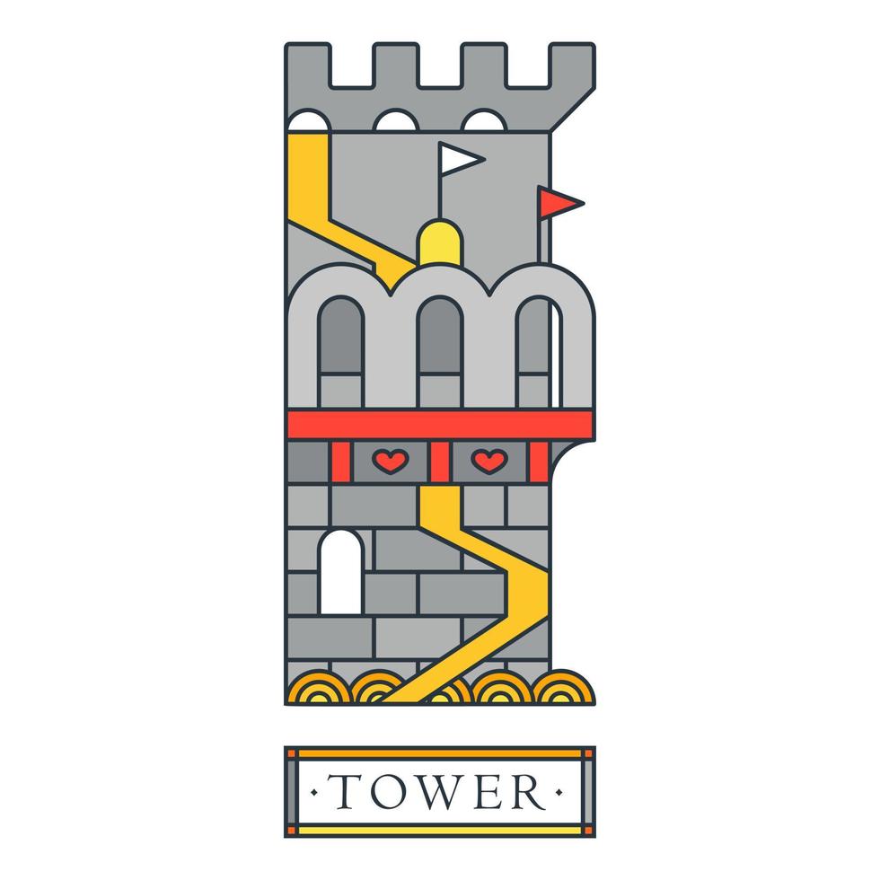 Fantasy medieval tower with flags and hearts. Dragon fortress with a bridge vector