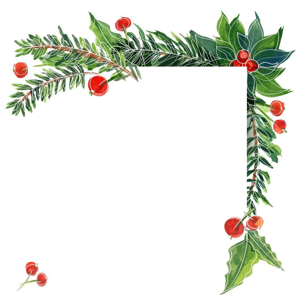 Christmas watercolor frame with ale branches and holly vector