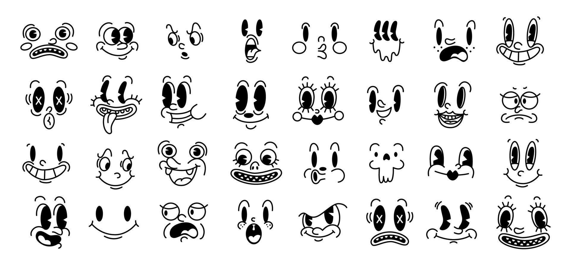 Retro 30s cartoon and comics characters faces set. vector