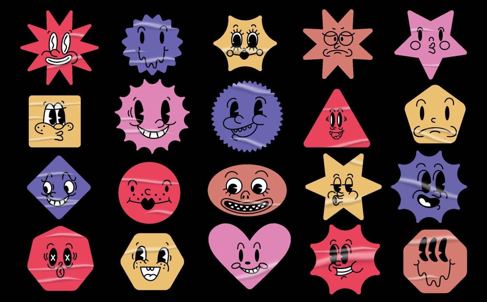 Retro stickers with 30s cartoon and comics characters faces. vector