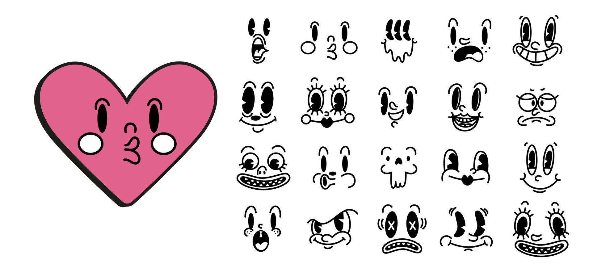 Retro 30s cartoon and comics characters faces set. Heart sticker with face. vector