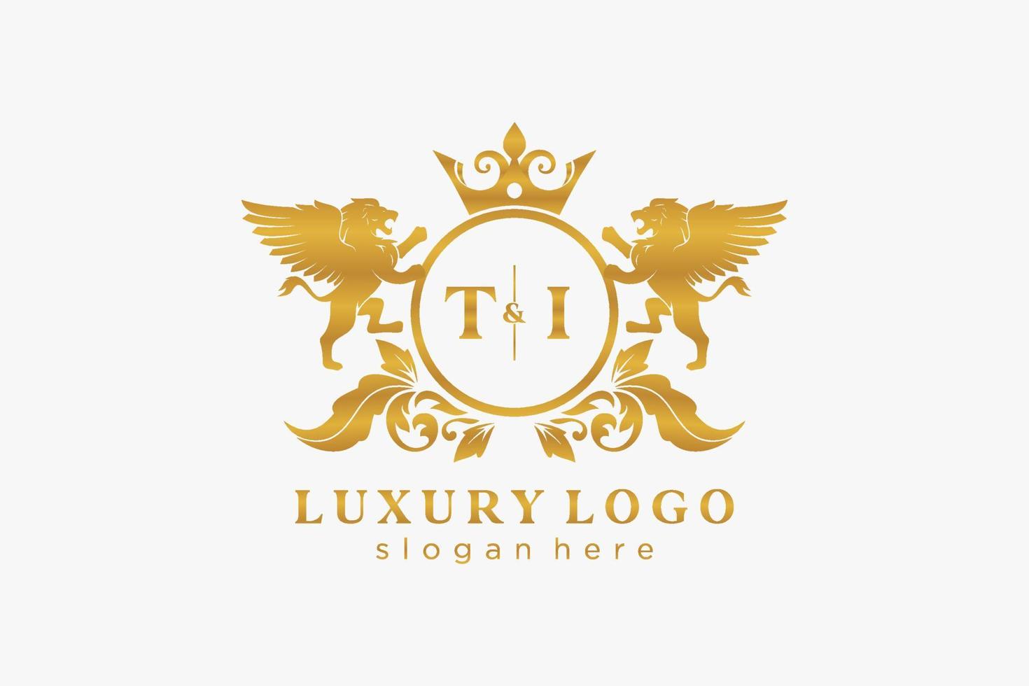 Initial TI Letter Lion Royal Luxury Logo template in vector art for Restaurant, Royalty, Boutique, Cafe, Hotel, Heraldic, Jewelry, Fashion and other vector illustration.