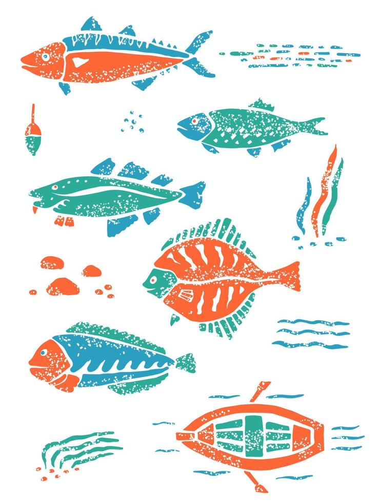 Set of fishes in naive lino style vector