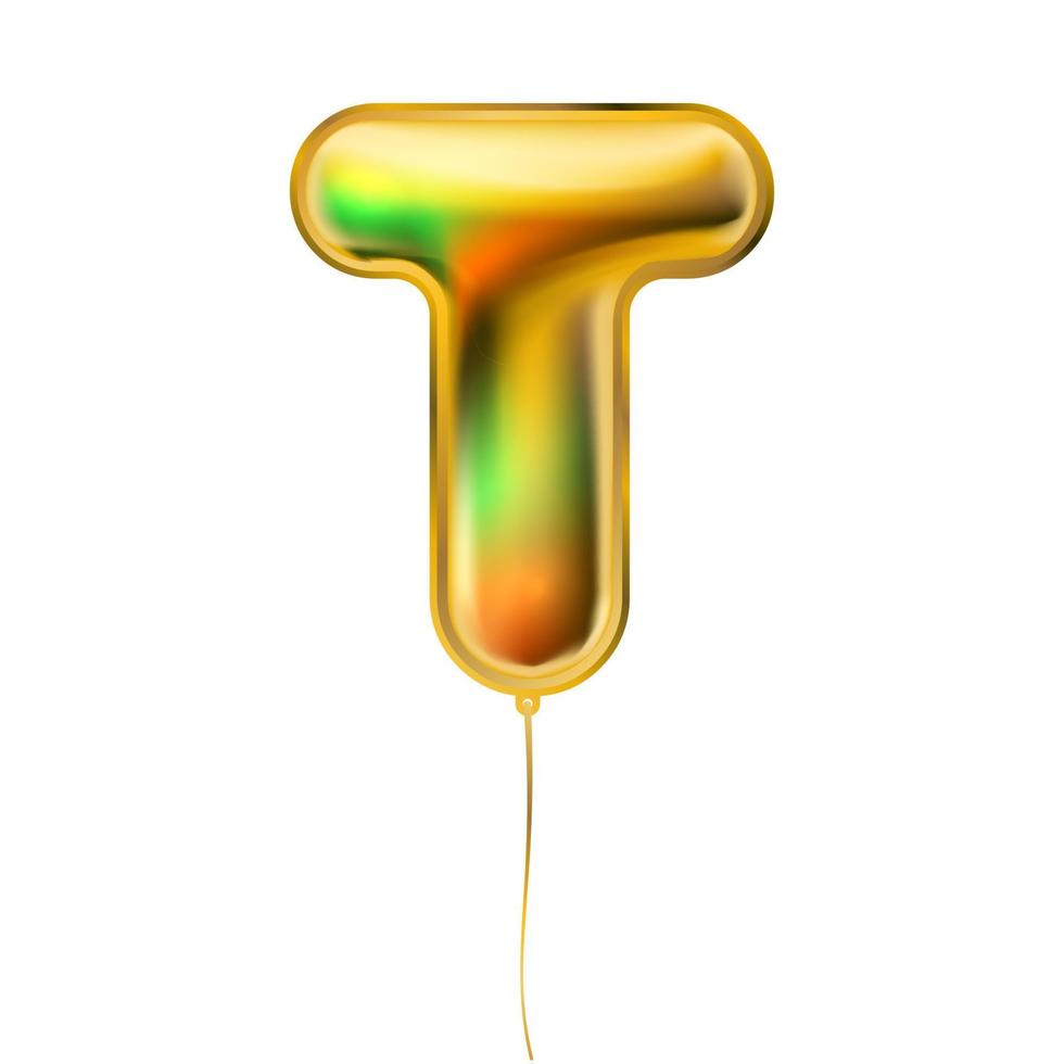 Gold metallic balloon, inflated alphabet symbol T vector