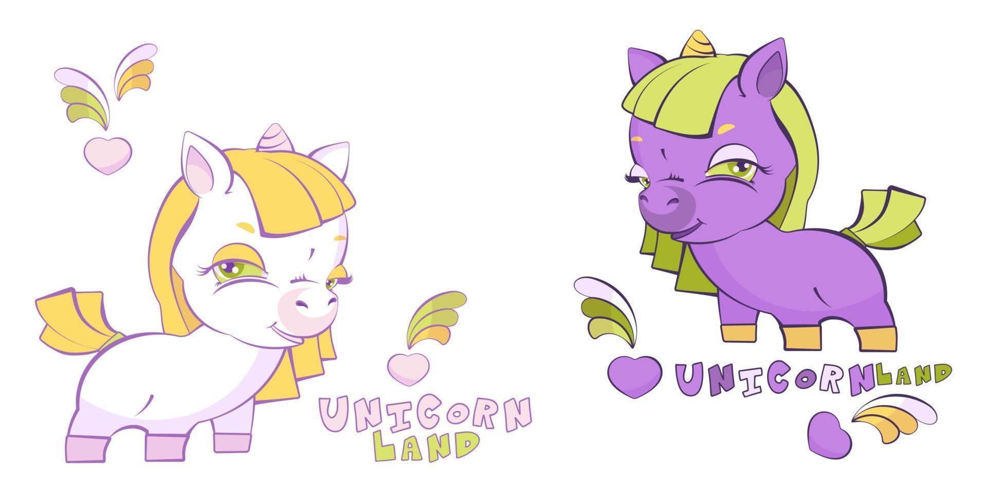 Two cute little girl unicorns, violet and white vector