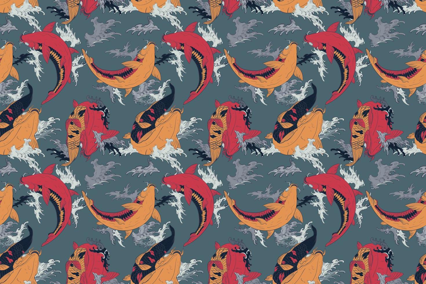 Koi red and golden carps Japanese gray seamless pattern vector