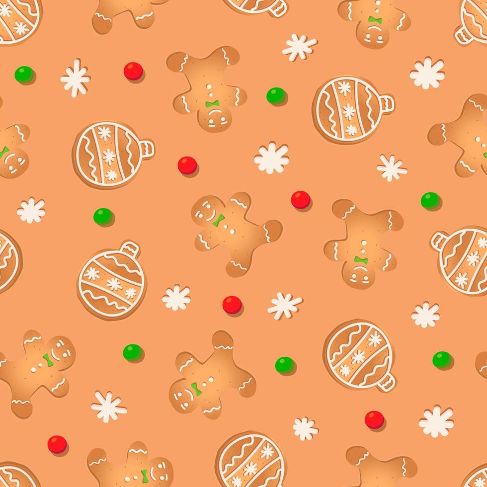 Seamless pattern with ginger cookies on a brown background. Gingerbread man, New Year's ball, snowflake vector
