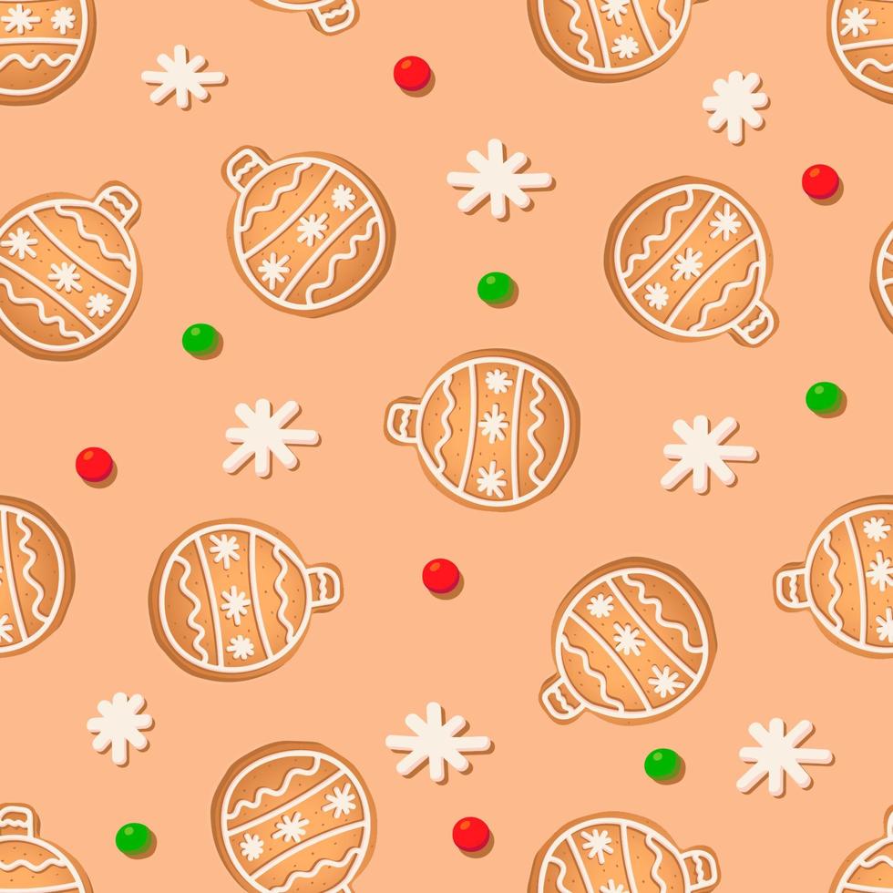 patrón impecable con galletas de jengibre sobre un fondo marrón. copo de nieve de pan de jengibre, bola de año nuevo vector