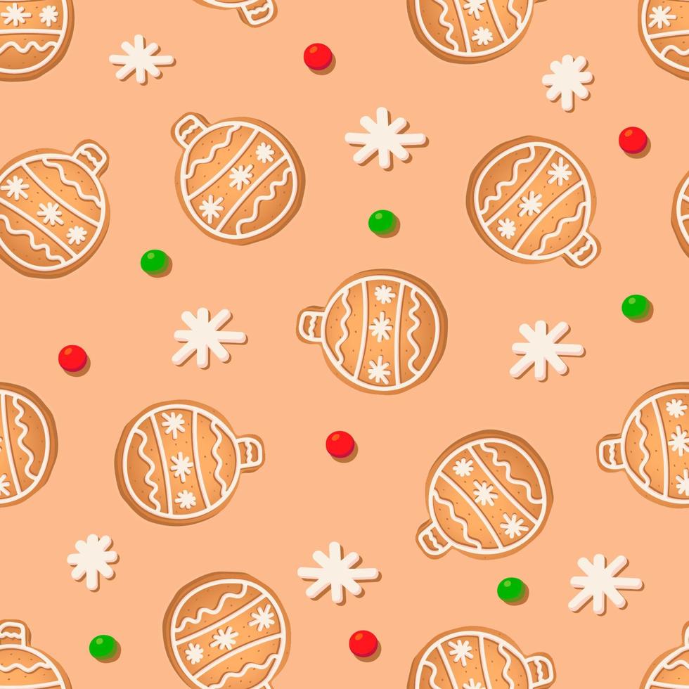 Seamless pattern with ginger cookies on a brown background. Gingerbread snowflake, New Year's ball vector