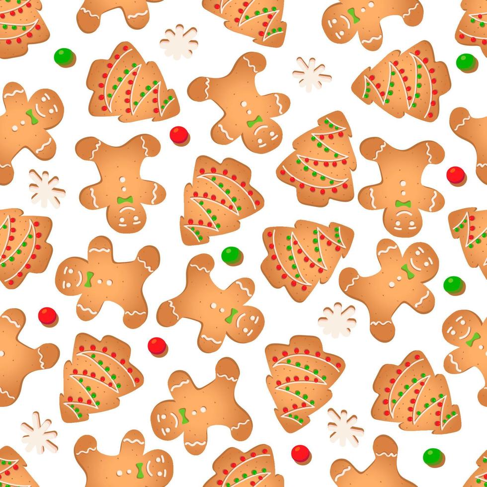 Seamless pattern with ginger cookies on a white background. Gingerbread man, Christmas tree, snowflake vector