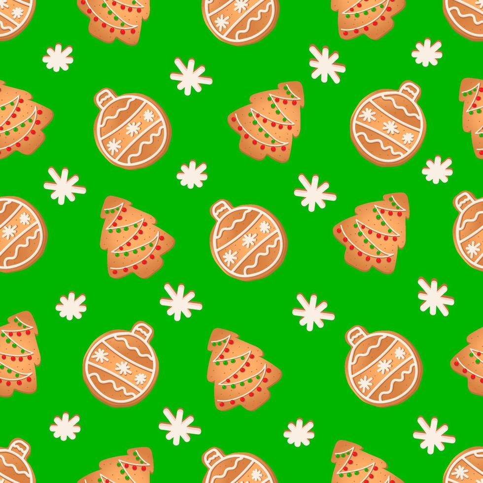 patrón impecable con galletas de jengibre sobre un fondo verde. pan de jengibre, árbol de navidad, bola de navidad vector