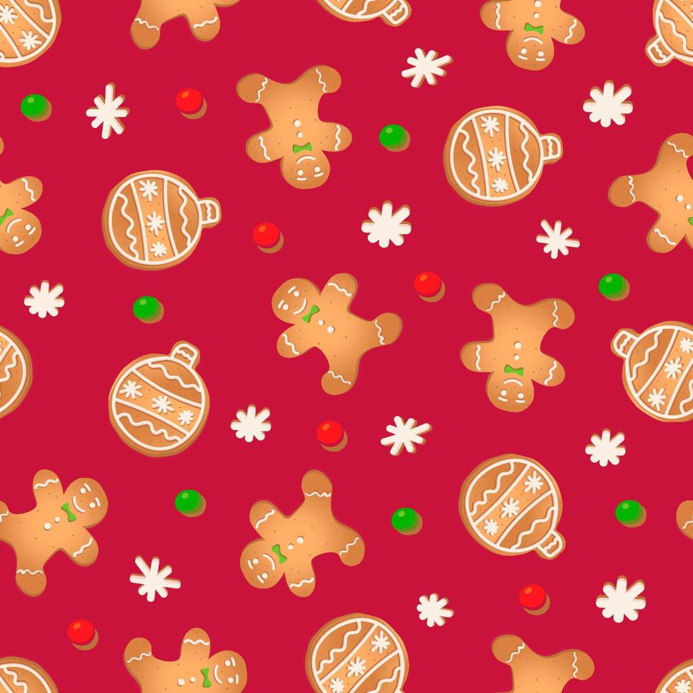 Seamless pattern with ginger cookies on a red background. Gingerbread man, New Year's ball, snowflake vector