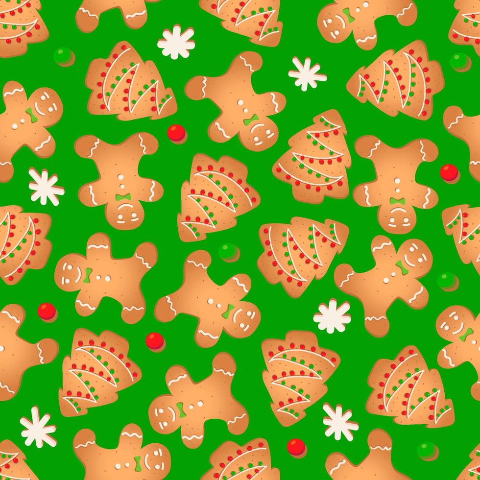 Seamless pattern with ginger cookies on a green background. Gingerbread man, Christmas tree, snowflake vector