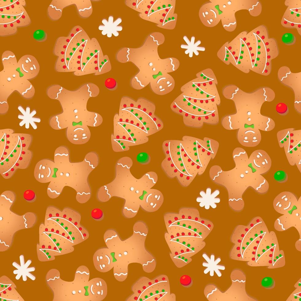 patrón impecable con galletas de jengibre sobre un fondo marrón. hombre de pan de jengibre, árbol de navidad, copo de nieve vector