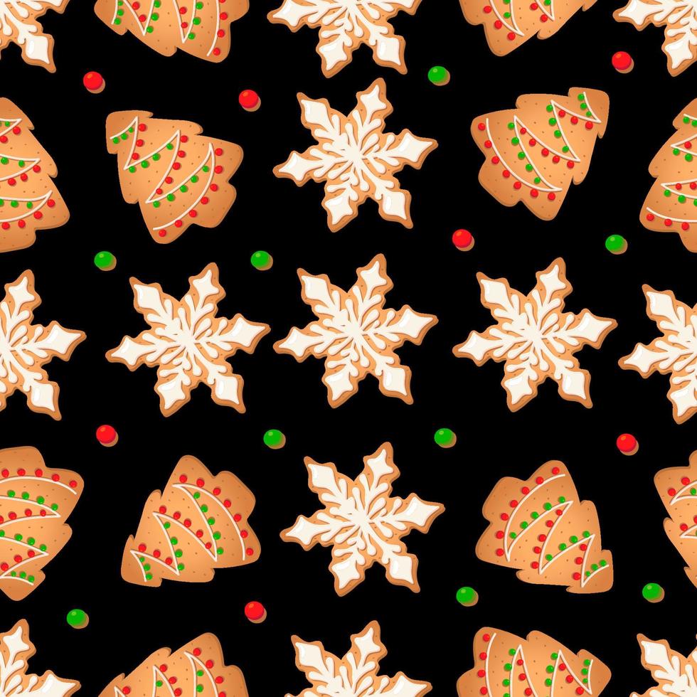 Seamless pattern with ginger cookies on a black background. Gingerbread tree, snowflake vector