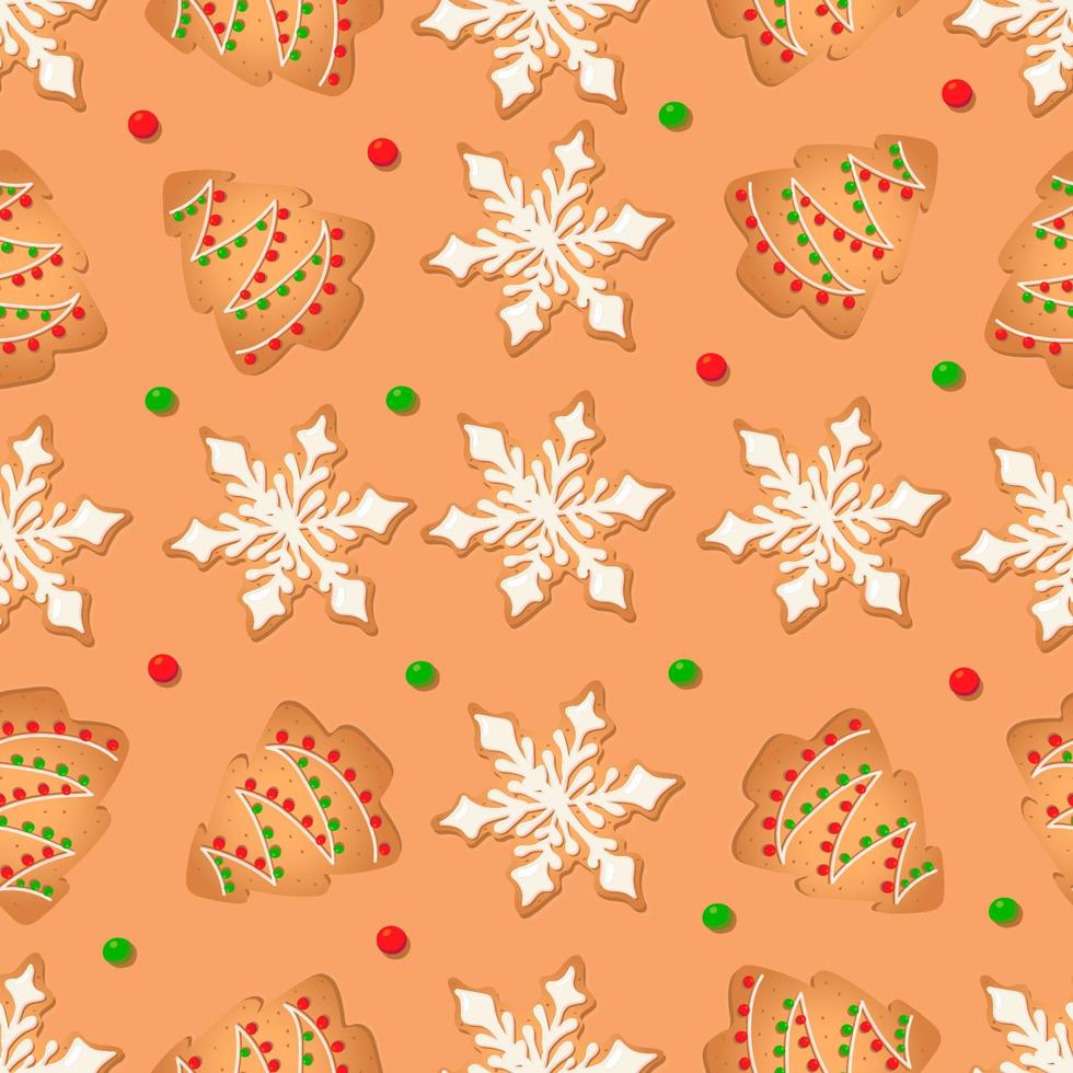 Seamless pattern with ginger cookies on a brown background. Gingerbread tree, snowflake vector
