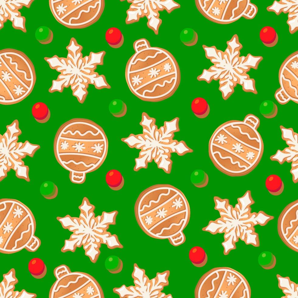 Seamless pattern with ginger cookies on a green background. Gingerbread New Year's ball, snowflake vector