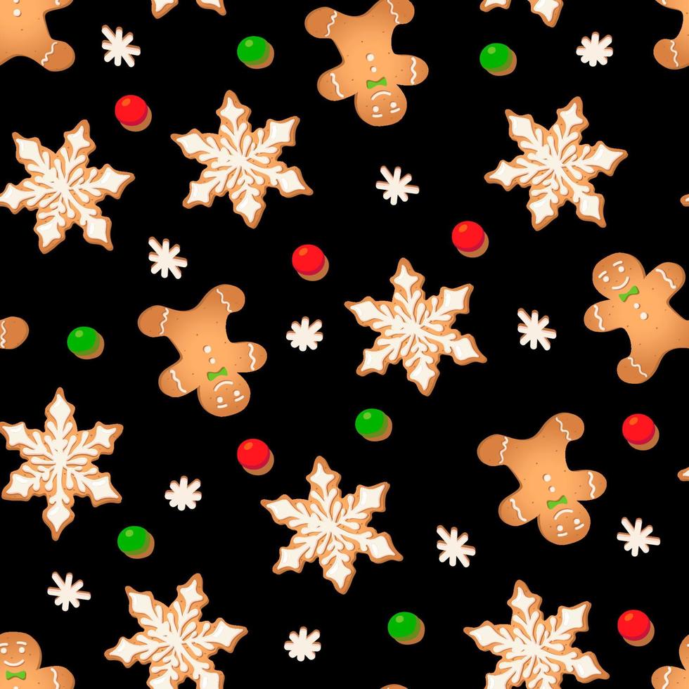 Seamless pattern with ginger cookies on a black background. Gingerbread man, snowflake vector