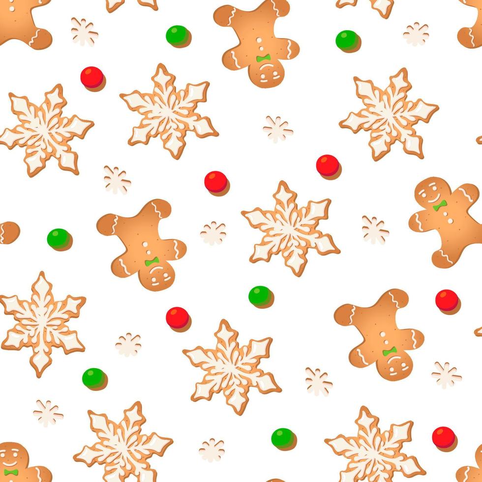 patrón sin costuras con galletas de jengibre sobre un fondo blanco. hombre de pan de jengibre, copo de nieve vector