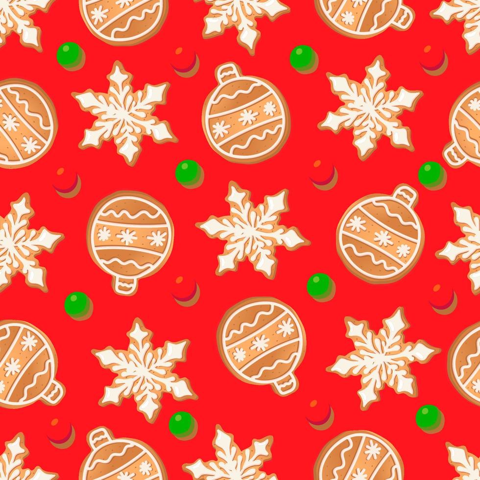 Seamless pattern with ginger cookies on a red background. Gingerbread New Year's ball, snowflake vector