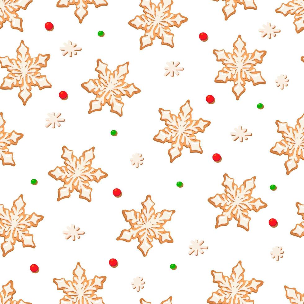 Seamless pattern with ginger cookies on a white background. Gingerbread snowflake, vector