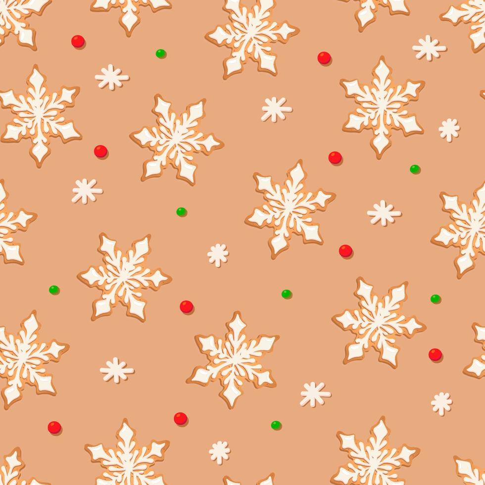 Seamless pattern with ginger cookies on a brown  background. Gingerbread snowflake, vector