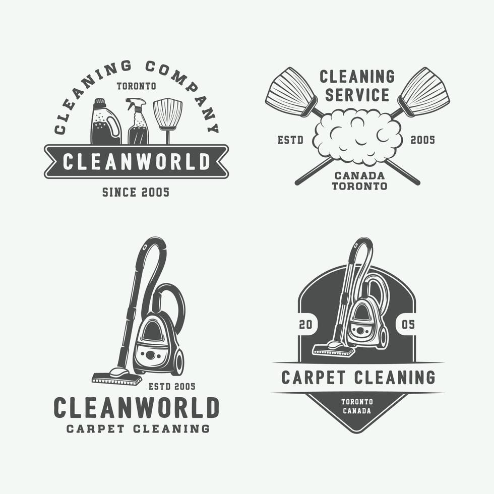 Set of retro cleaning logo badges, emblems and labels in vintage style. Monochrome Graphic Art. Vector Illustration.