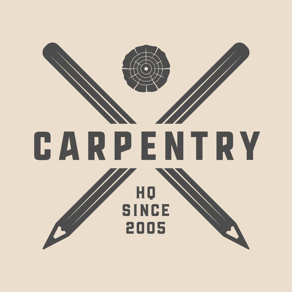 Vintage carpentry, woodwork and mechanic label, badge, emblem and logo. Vector illustration. Monochrome Graphic Art.