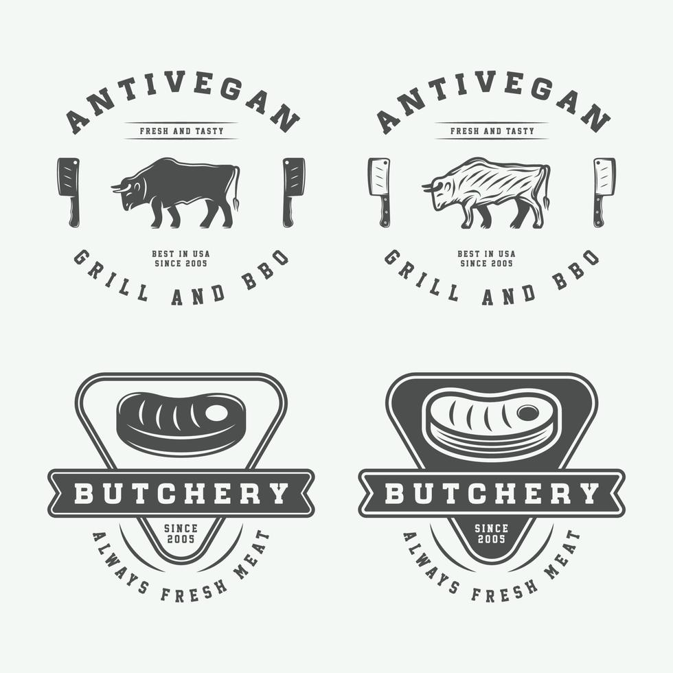 conjunto de logotipos, emblemas, insignias, etiquetas de carne de carnicería vintage, bistec o barbacoa. arte Grafico. ilustración vector