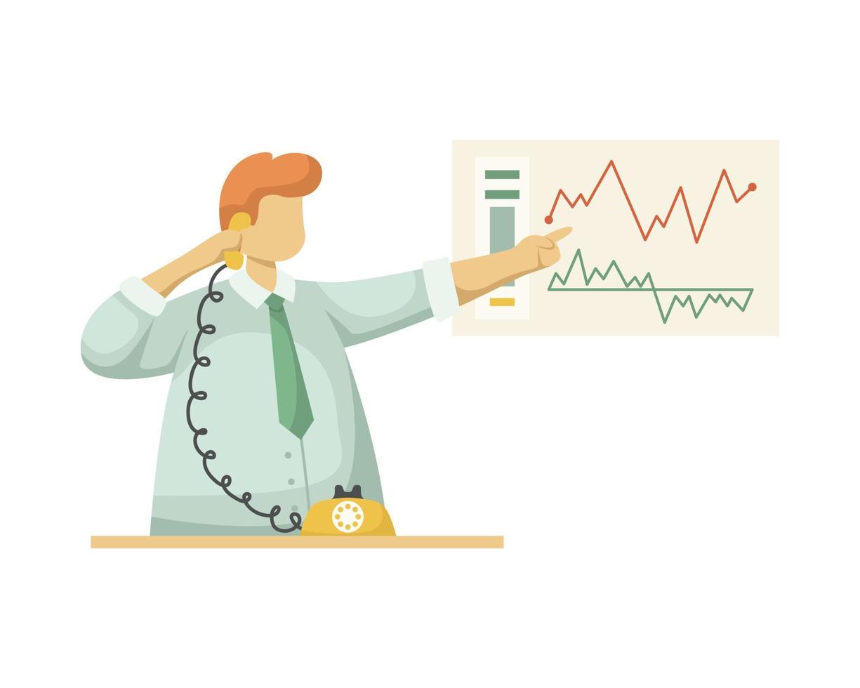 Vector illustration of a broker following the charts of changes in the price of securities. Profession. Flat style