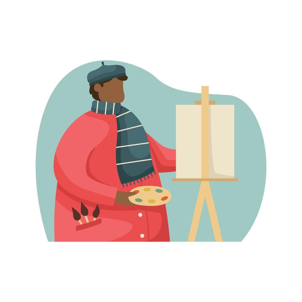 Vector illustration of an artist painting a picture on an easel. Profession. Flat style
