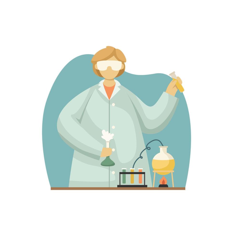 ilustración vectorial de un químico con una bata blanca con tubos de ensayo y matraces. profesión. estilo plano vector