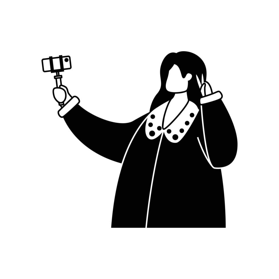 ilustración vectorial de un blogger disparando contenido en un teléfono con una cámara selfie. profesión. contorno vector