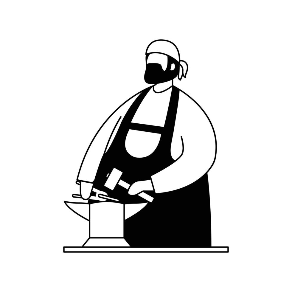 Vector illustration of a blacksmith with a hammer, tongs and an anvil. Profession. Outline