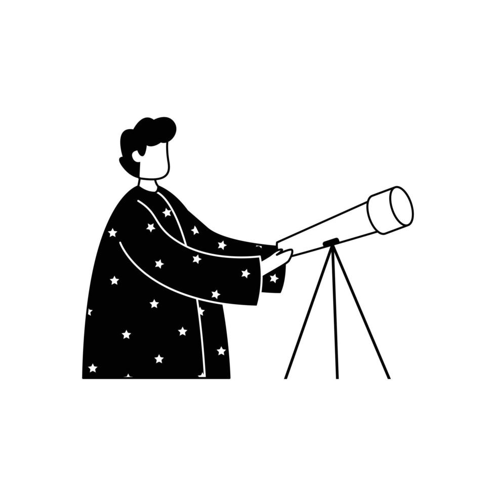 Vector illustration of an astronomer in a mantle with a telescope. Profession. Outline