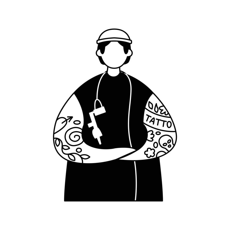 Vector illustration of a tattoo artist in a hipster outfit and a tattoo gun. Profession. Outline