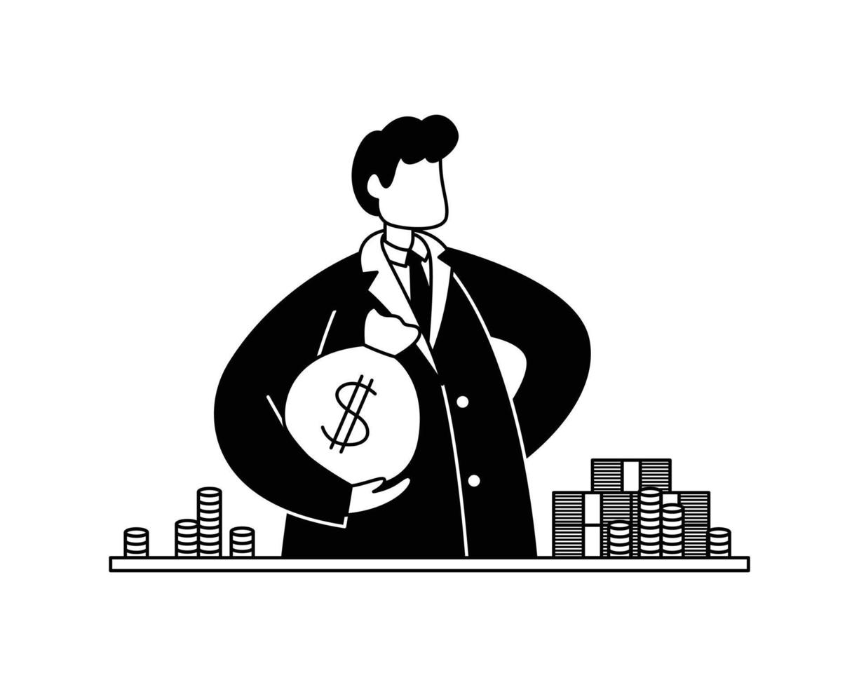 ilustración vectorial de un banquero con una bolsa de dinero y monedas y billetes. profesión. contorno vector