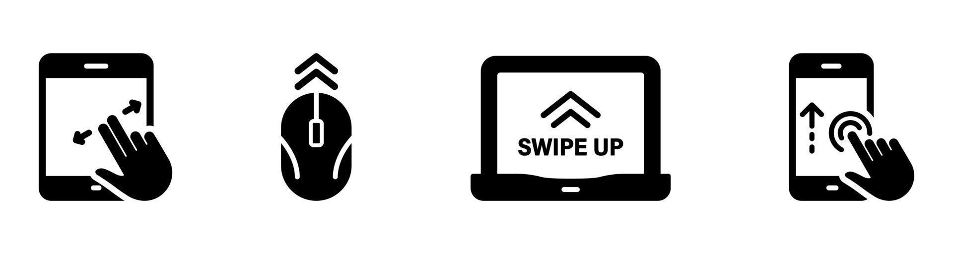 botón de deslizamiento en el conjunto de iconos de silueta de pc de computadora de teléfono inteligente. Deslice el icono de la aplicación de redes sociales de acción. desplazarse arrastrar mover hacer clic tocar mostrar gesto glifo pictograma. ilustración vectorial aislada. vector