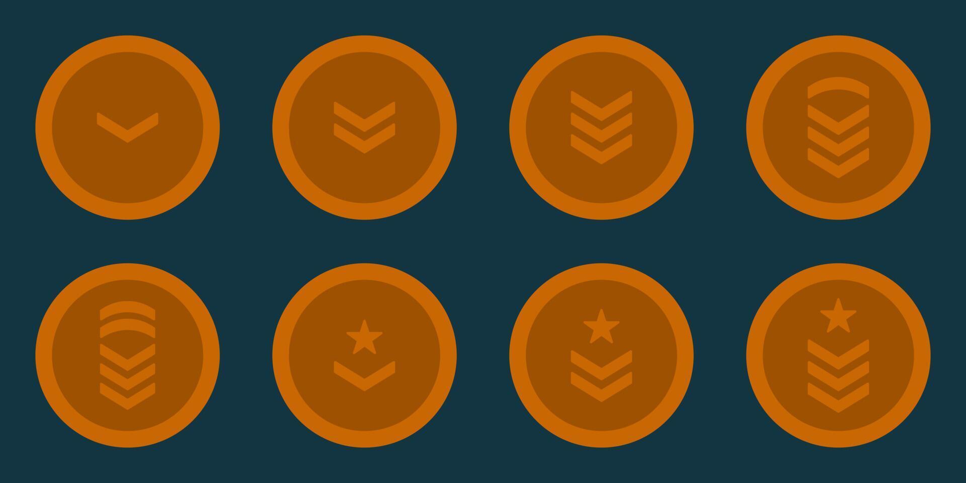 icono de bronce de rango del ejército. símbolo de la insignia de la insignia militar. logotipo de rayas y estrellas de chevron. sargento soldado, mayor, oficial, general, teniente, coronel emblema. ilustración vectorial aislada. vector