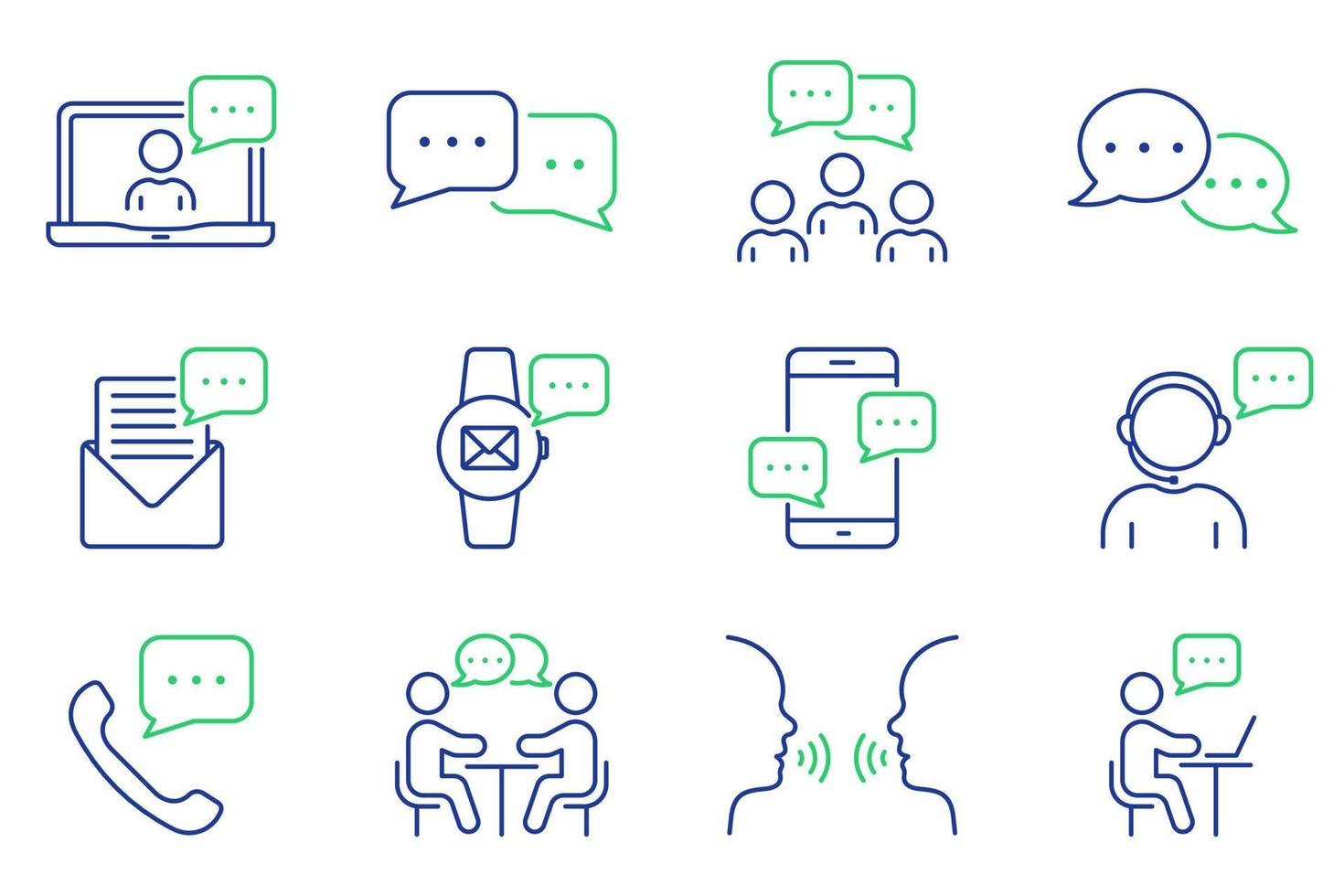 Online Text Message in Chat, Interview Talk Line Icon Set. Community People Talk on Video Conference Outline Icon. Person Communication Linear Pictogram. Editable Stroke. Isolated Vector Illustration.