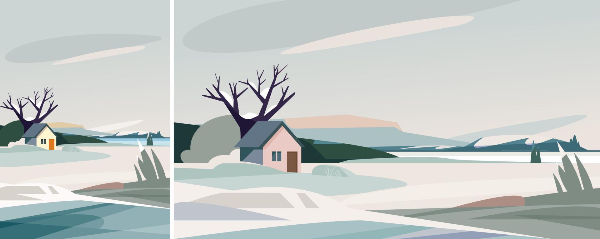 Winter landscape with house on the river bank. Natural scenery in different formats. vector