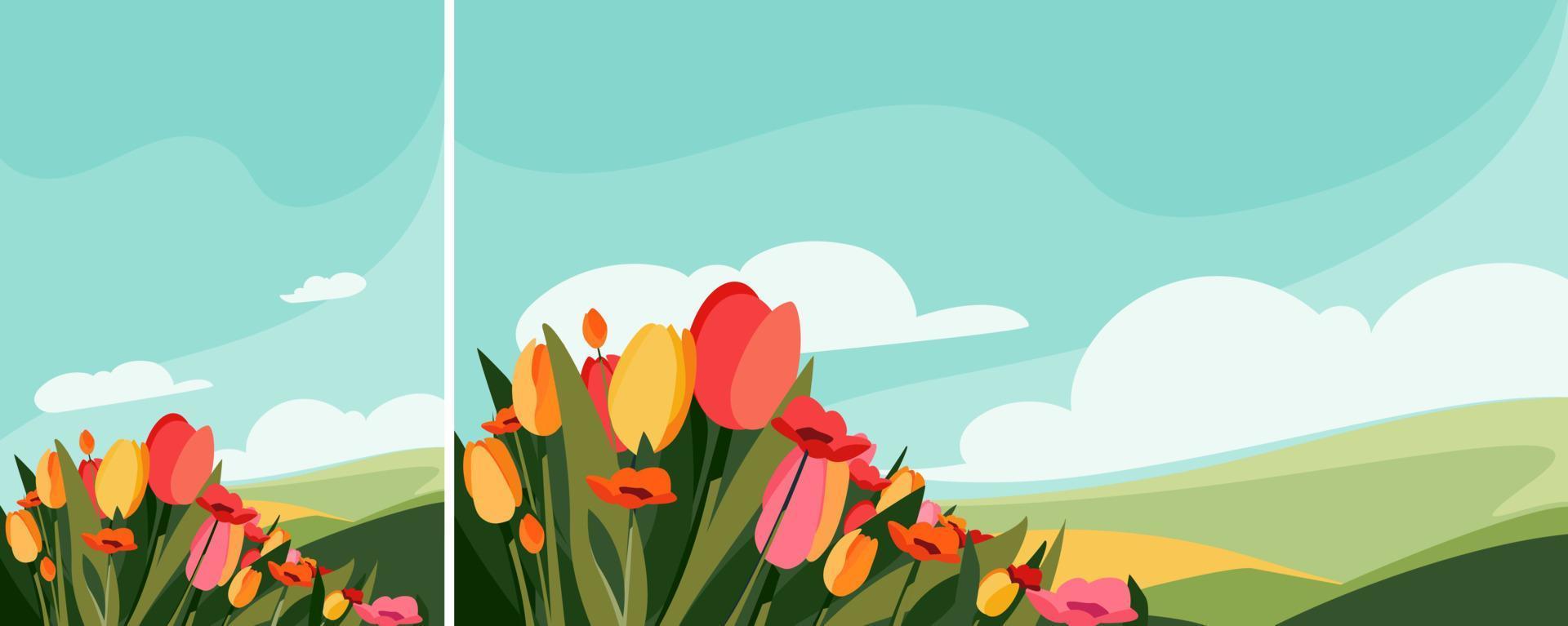 Different flowers on the meadow. Nature landscape in different formats. vector