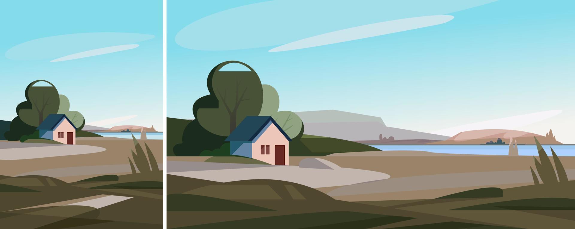 Spring landscape with house on the river bank. Natural scenery in different formats. vector