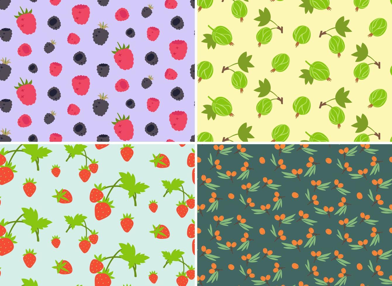 Seamless patterns with different berries. Nature textures in flat style. vector