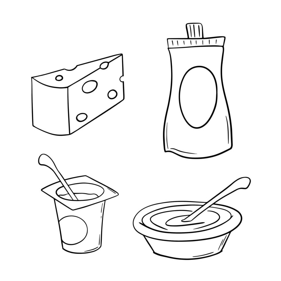 Monochrome set of icons, dairy products, a piece of cheese, sour cream, yogurt, vector illustration in cartoon style on a white background