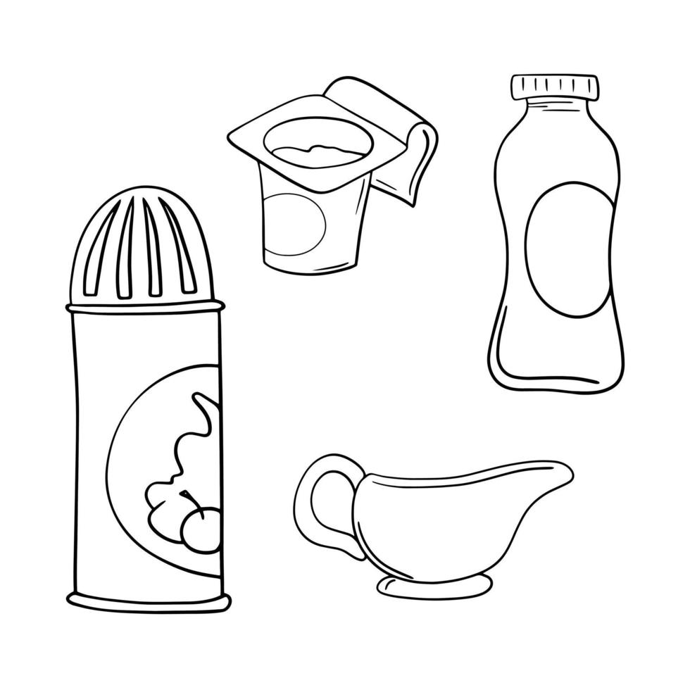 Monochrome icon set, dairy products, whipped cream packaging, yogurt, cartoon-style vector illustration on a white background